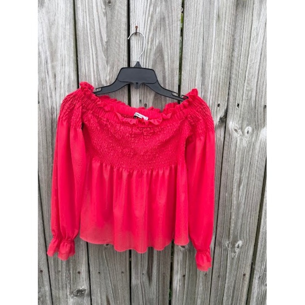 Coquette Boho Gina Tricot Smocked Off Shoulder Top XS Red Ruffle Balloon Sleeve
